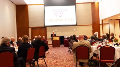 Darrell Branscome speaks at the 2023 induction ceremony of the Society of Distinguished Alumni. Photo by Alex Parrish for Virginia Tech.
