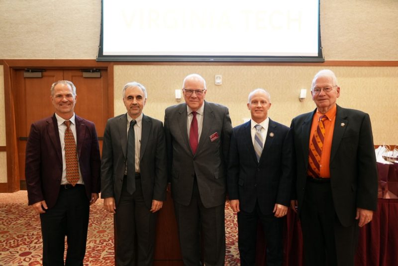 Interim Department Head with the 2023 cohort of the Mechanical Engineering Society of Distinguished Alumni. From left: Lattimer, Mohammad Elahinia, Howard Dittmer, Phil Burkholder, and Darrell Branscome. Photo by Alex Parrish for Virginia Tech.