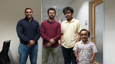 (From left) Four of the authors of the invited journal article from Advanced Engineering Materials: Mohamed Elleithy, Zekeriya Ender Eger, Maruf Billah, and Waris Khan. Not pictured but also authoring: Saltuk Yildiz, Sheng Liu, and Matthew Long.