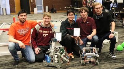 The Virginia Tech undergraduate team took first place at a Maryland competition for VEX. Pictured left to right are Ben Grant (ME), Robbie Daughtry (ME), Marco Zamora (ME), Eddie Lanham (ISE), and Mikhail Sannikov (ME).