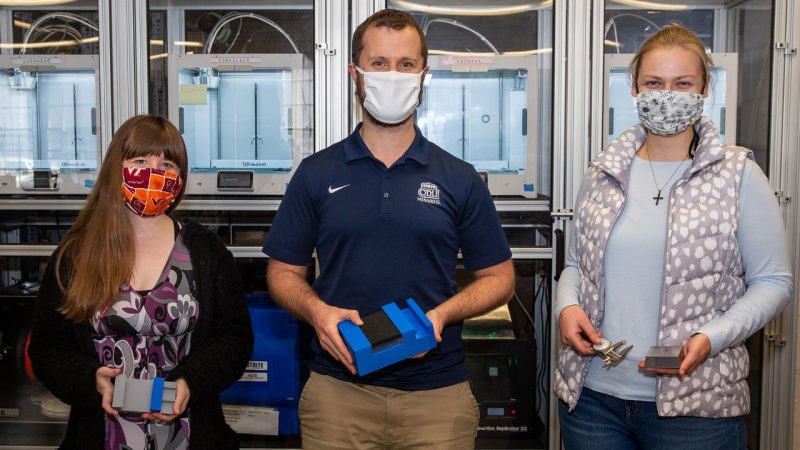 Dixie Cox, Technology and Innovation Lab Subject Matter Expert for Additive Manufacturing; Mechanical Engineering Supervisor Robb Morris; and Jessica Roberts, NNSY Technology & Innovation Community of Practice Lead/Additive Manufacturing Lead.