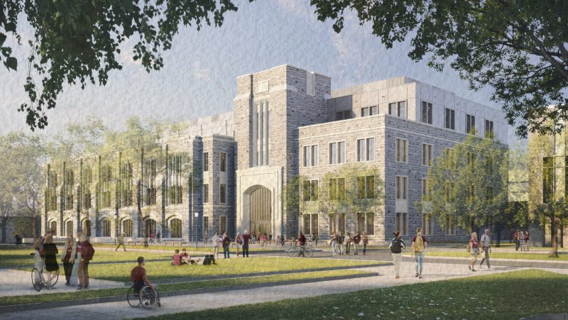 Rendering of grey Hokie Stone, precast concrete, and glass Mitchell Hall with a large tower entrance surrounded by pedestrian walkways, green lawns and trees